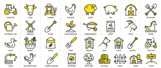 Farm Icons Collection: Tractor, Cow, Farmer, Sheep, Pig, Barn © Maya