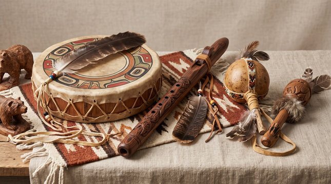 Traditional musical instruments arranged on a cloth surface with feathers with collection traditional percussion wind instruments resting patterned rug wooden animal carvings