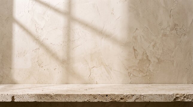 Plaster wall background with stone ledge for product mockup