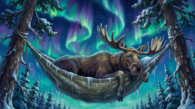 Moose Resting in Hammock Under Northern Lights in Winter Forest