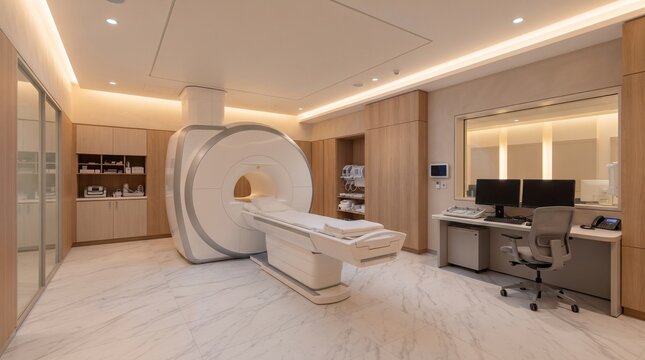 Modern radiology suite featuring an advanced magnetic resonance imaging (MRI) scanner, premium diagnostic imaging room, spacious examination area, and contemporary hospital interior with elegant minim