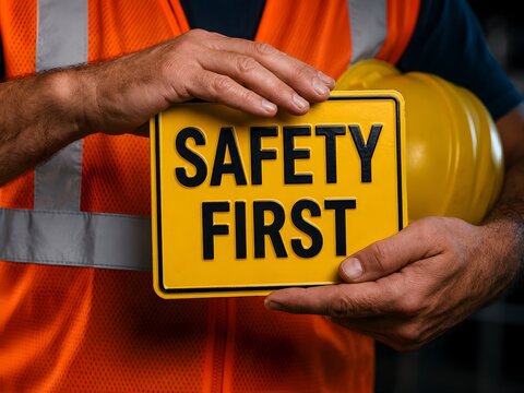 Strict site safety protocols and accident prevention emphasized by industrial worker holding yellow warning sign and hard hat