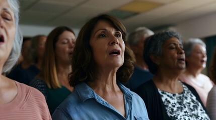 Obraz premium A group of women sing together indoors with focused expressions and varied hairstyles under soft overhead lighting