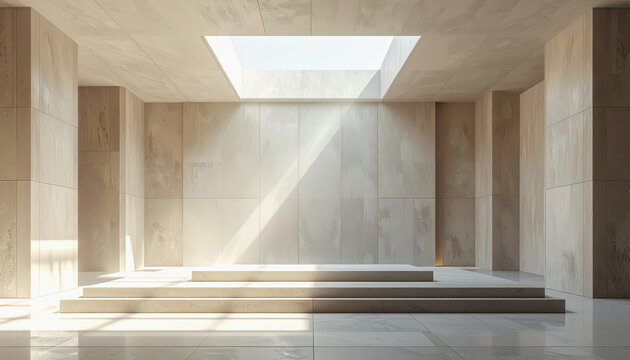 Minimalist interior with natural light streaming from a skylight onto a stepped platform