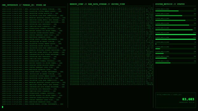 Command Interface Memory Dump Cluster Node Sync System Metrics Animation.