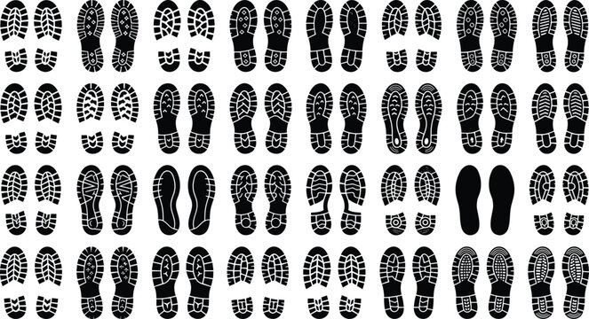 Shoe Sole Footprint Silhouette Collection with Boot Sneaker and Footwear Tread Pattern Set
