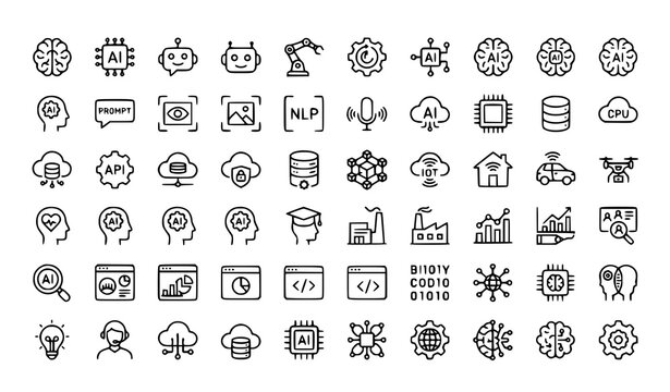 Artificial Intelligence Outline Icons Vector Collection Editable AI Technology Linear Symbols