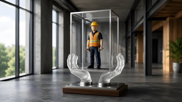 Occupational health protection concept showing construction worker inside glass shield supported by hands symbolizing workplace safety and insurance
