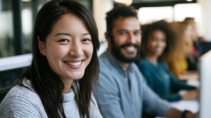 Obraz premium A smiling woman looks toward while seated beside colleagues in a bright modern office environment