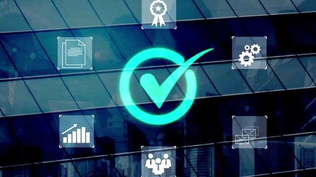 Abstract representation of business success with check mark surrounded by icons of achievement, documents, growth, teamwork, and technology on modern glass building Gluon.