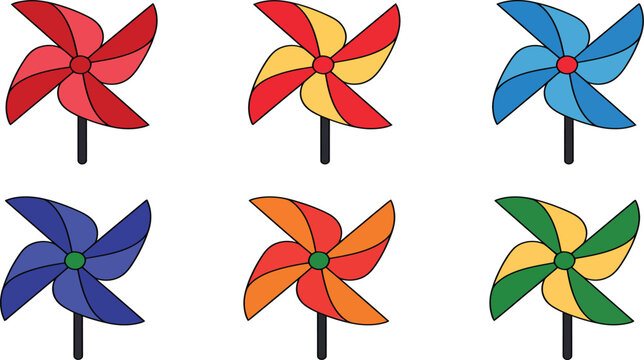 Colorful Windmills Collection Vector Illustration Featuring Playful Spinning Garden Decorations for Outdoor Fun and Creative Designs