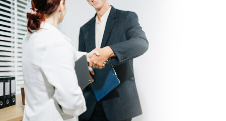 Two confident business man shaking hands during a meeting in the office, success, dealing, greeting and partner © Nuttapong punna