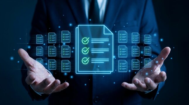 Businessman holding glowing digital documents with checkmarks for electronic signature and compliance