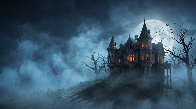 Haunted Victorian mansion with glowing windows on foggy hill under full moon at night