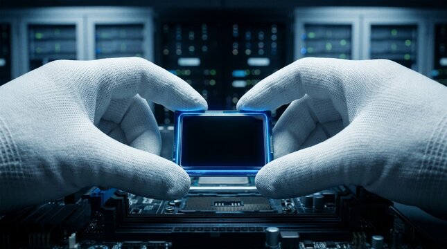 IT technician hands in white gloves installing glowing microchip onto motherboard in server room