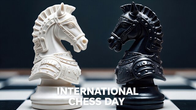 White and black knight chest pieces facing each other on board. International Chess Day concept representing competition, strategy and rivalry. Logical board game match and competition.