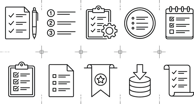 Task management line icon set with checklist clipboard calendar notebook document numbered list gear database download scroll vector