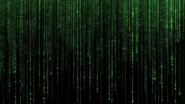 Green digital rain abstract background falling binary code pattern flowing technology data streams visual fx design concept.