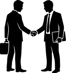 Fototapeta premium Two businessmen shaking hands in silhouette with briefcases and a laptop
