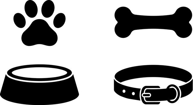 Dog Pet Care Icons Paw Print Bone Bowl Collar