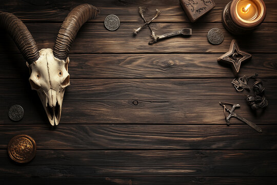 Ancient runes and a goat skull on an old magic table in the light of burning candles background.