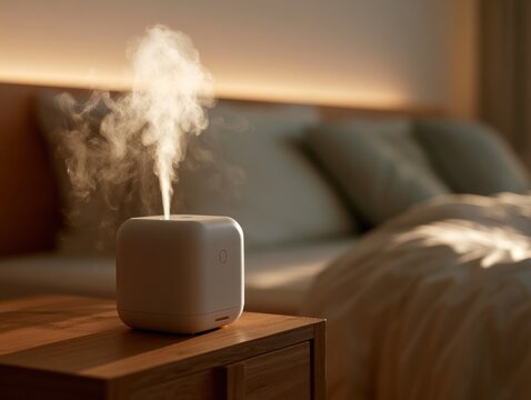 Compact humidifier emitting mist on a bedside table in a bedroom