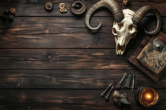 Ancient runes and a goat skull on an old magic table in the light of burning candles background.