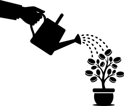 Hand watering a money tree with coins growing on branches