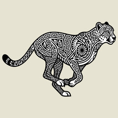 Running cheetah with tribal patterns. Decorative wild cat illustration in ethnic style.