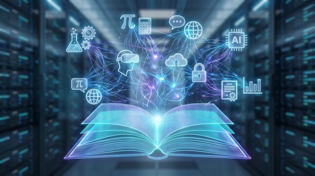Photorealistic futuristic education concept featuring a holographic open book, AI knowledge network, coding, cloud computing and interactive online learning technology.