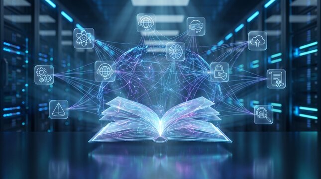 Photorealistic AI powered learning concept with holographic book, knowledge networks, STEM education, cybersecurity and cloud technology for digital classrooms.
