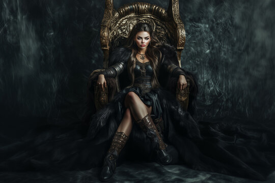 Medieval beautiful queen woman in a black leather dress sitting on an antique wooden throne in a dark throne hall.
