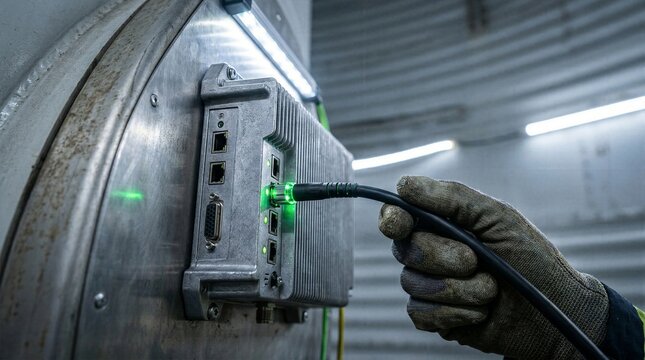 Worker plugging green illuminated network cable into industrial ethernet switch in metal facility