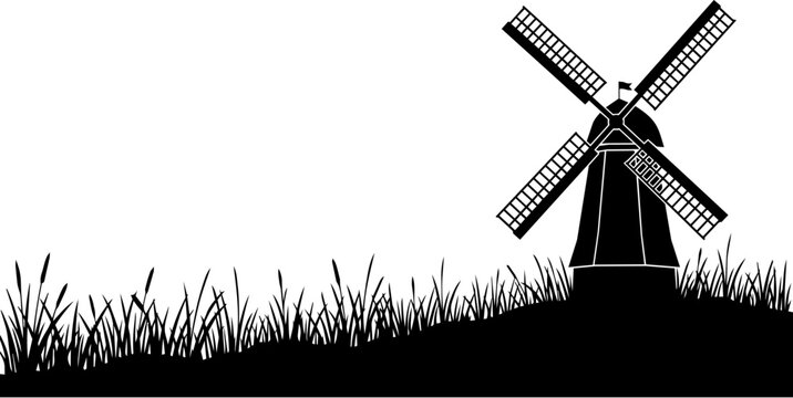 Silhouette of a traditional Dutch windmill standing tall against a white background with grass in the foreground