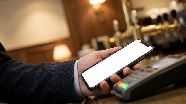 Businessman in suit holding smartphone with blank white screen near payment terminal in modern bar or cafe for contactless transaction mockup