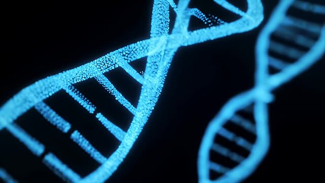 Detailed macro view of blue glowing DNA strand.