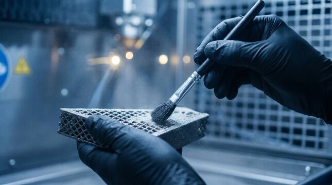 Technician hands in black gloves brushing metal powder off lattice structured 3D printed part during post processing in additive manufacturing facility