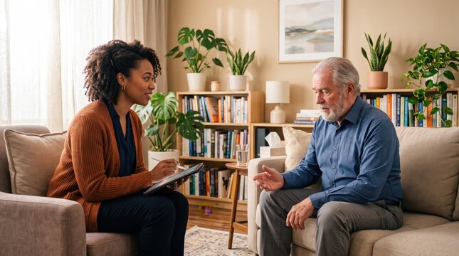 Female psychologist or therapist taking notes while counseling senior man on sofa, mental health support session, listening to elderly patient in comfortable home environment.