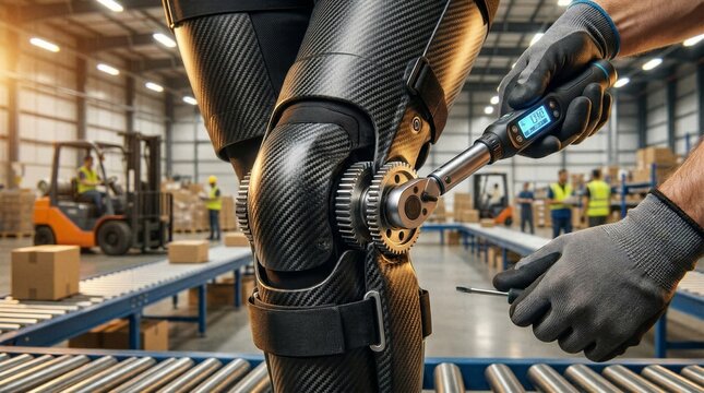 Engineer using digital torque wrench to adjust carbon fiber exoskeleton knee gear joint in distribution warehouse