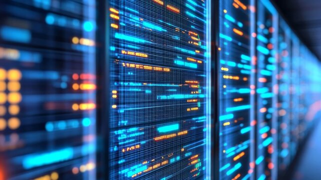 Modern server room data center hardware hosting digital information systems cloud computing network technology infrastructure storage.
