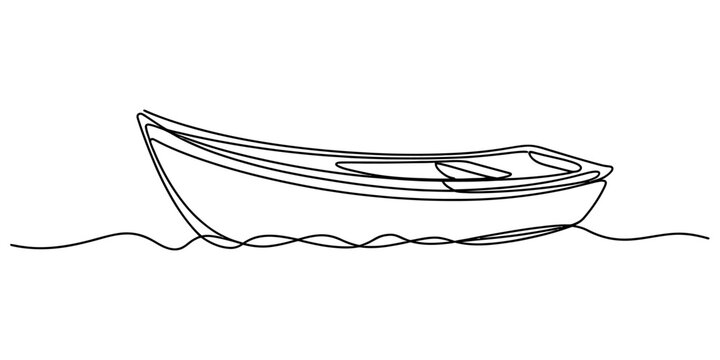 Continuous single line drawing of a small wooden boat floating on calm water waves