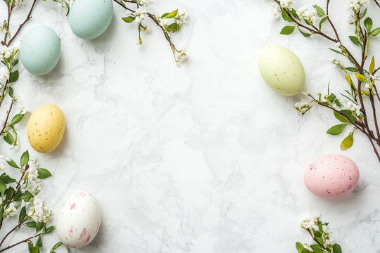 Easter eggs on a white table background. Holy Easter celebration backdrop.