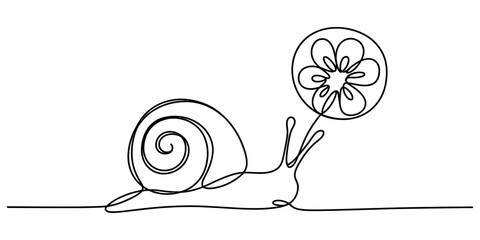 Continuous single line drawing of a cute snail holding a flower in its mouth © Ponchomy