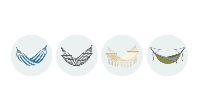 Collection of four different hammocks in circular frames, outdoor relaxation concept
