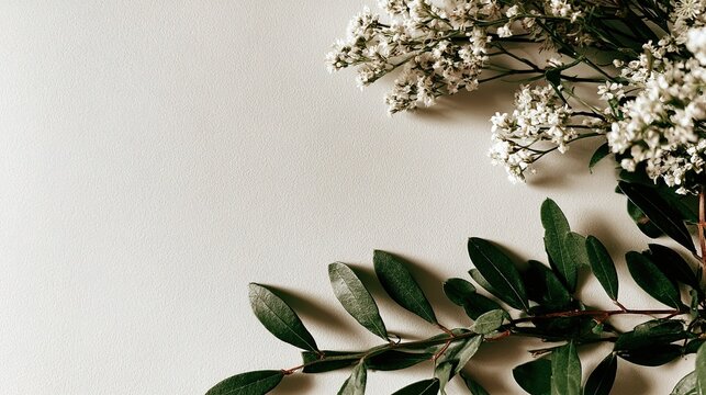 Flat lay botanical photo, tiny white blossom sprigs top right, dark green oval leaf branches horizontal bottom right, smooth matte off white background, clean bright soft shadow adding stem depth, bla