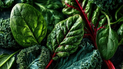 Fototapeta premium Magnesium-rich green leafy vegetables like spinach and kale promote health, wellness, and nutrition, highlighting natural, fresh, and vibrant plant-based food sources.