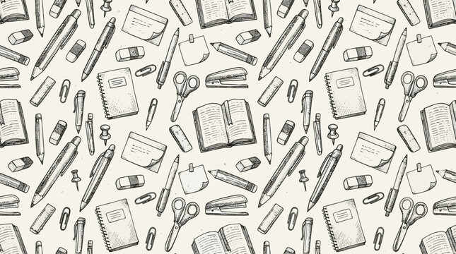 Hand-drawn stationery pattern: pens, pencils, notebooks, scissors, erasers, and pins on cream background.