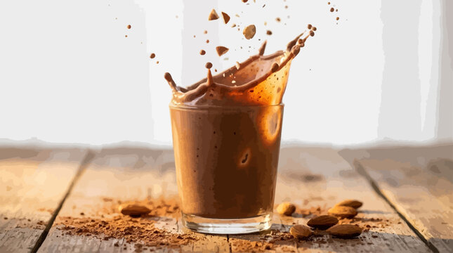 Chocolate Milk Splash in Glass with Almonds and Cocoa Powder
