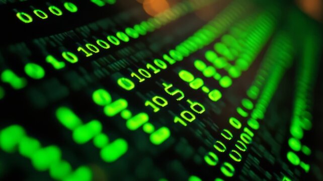 Abstract glowing green binary code stream technology background for computer science digital data processing concepts and visualization.