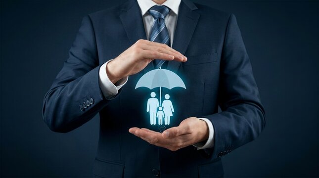 Businessman hands protecting glowing family under umbrella icon for life insurance and social security